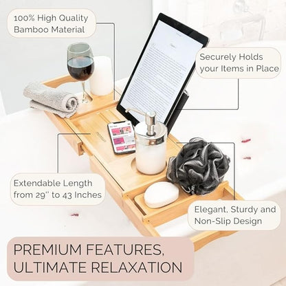 Bamboo Bathtub Tray Caddy Expandable - Over The Tub Bath Caddy Tray for Bathtub Accessories for Relaxing Spa, Bamboo Bath Tray for Tub Accessories for Bathtub for Women. Bath Spa Gifts for Women.