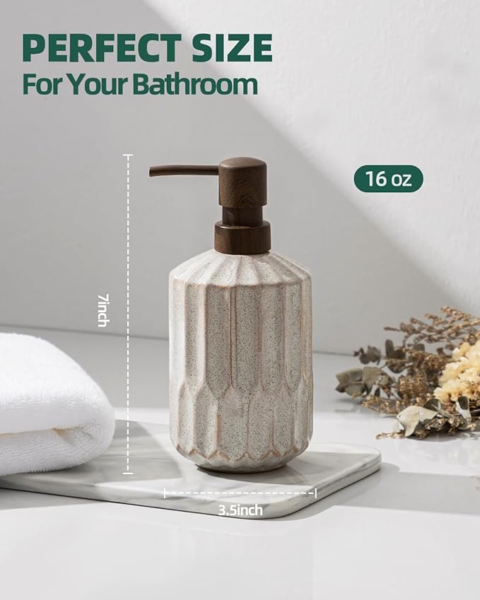 Fun Elements Bathroom Soap Dispenser, 16 Oz Luxurious Hand soap Dispenser for Bathroom, Ceramic Liquid Soap Dispenser for Bathroom Countertop with Plastic Pump, Silicone Funnel (Wooden Color Pump)