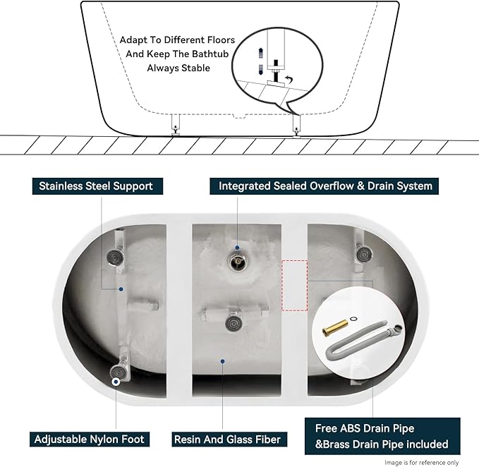 FerdY Shangri-La 47" Acrylic Freestanding Bathtub with Headrest, Small Classic Oval Shape Acrylic Soaking Bathtub with Brushed Nickel Drain & Overflow& Bath Pillow, cUPC Certified