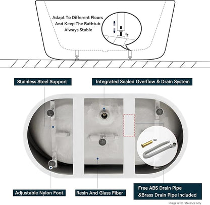 FerdY 47" Bali Acrylic Freestanding Bathtub with Headrest, Gracefully Shaped Freestanding Soaking Bathtub, cUPC Certified, Toe-Tap White Drain & Overflow & Bath Pillow Included
