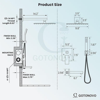 gotonovo Shower System with Tub Spout Wall Mounted Rain Shower Head and Handle Combo Shower Faucet Set with Valve, 10 Inch, Brushed Nickel
