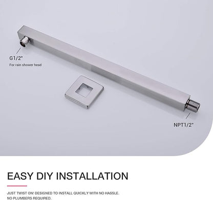 Square Shower Arm with Flange Heavy Duty Stainless Steel Rainfall Shower Head Extension Pipe, Bathroom Wall Mounted 16 Inch Extender Arm, Brushed Nickel