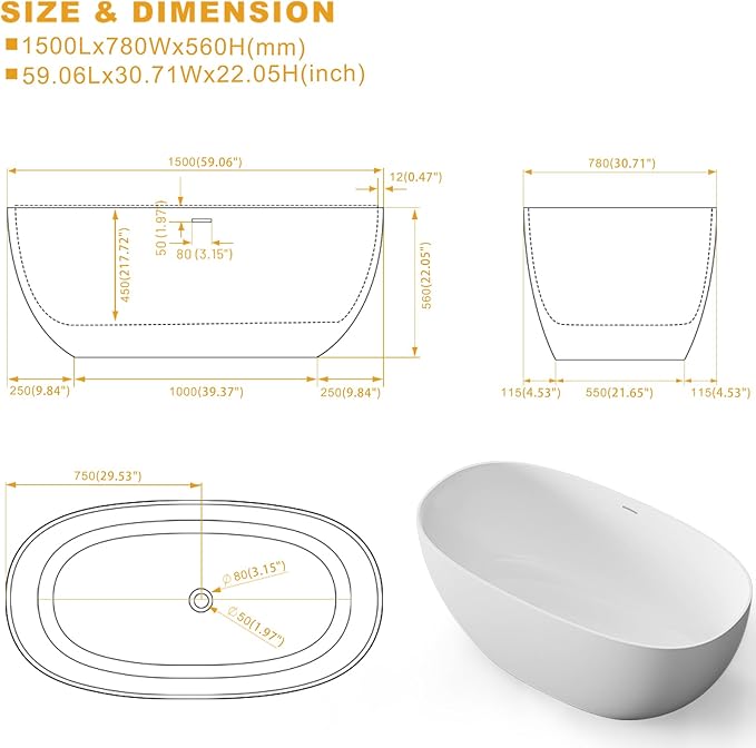 Stone Resin Freestanding Bathtubs,Soklawah 59" Solid Surface Luxury Soaking Tub,Oval Stand Alone Bathroom Bath tub with Drain & Integrated Slotted Overflow,Matte White Elegant Soaker Free Standing Tub