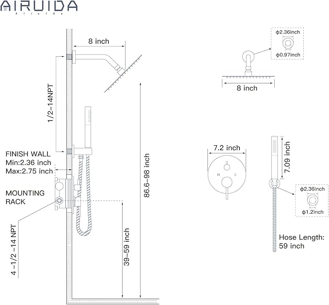 Airuida Shower Fixtures 2 Functions Shower Faucet Set Wall Mounted for Bathroom High Pressure Brass Handheld Shower with Rough-in Valve Round Rainfall 8 Inch Shower Head Matte Black