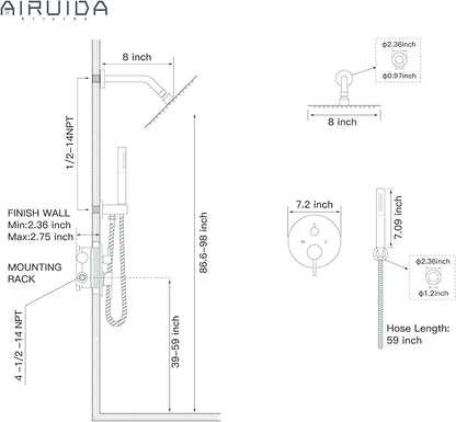 Airuida Shower Fixtures 2 Functions Shower Faucet Set Wall Mounted for Bathroom High Pressure Brass Handheld Shower with Rough-in Valve Round Rainfall 8 Inch Shower Head Matte Black