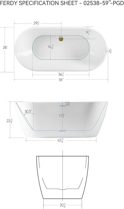 FerdY 59" Bali Acrylic Freestanding Bathtub, Gracefully Shaped Freestanding Soaking Bathtub, cUPC Certified, Toe-Tap Polished Gold Drain and Minimalist Linear Design Overflow Included
