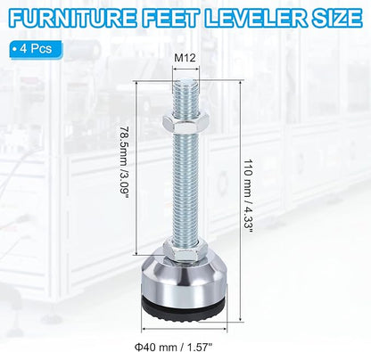 PATIKIL Furniture Leveling Feet 1.6" Dia Base M12 Thread, 4 Pcs Carbon Steel Adjustable Threaded Furniture Leveler Screw on Leg Leveler with Pads for Desk Chair Cabinet, Black