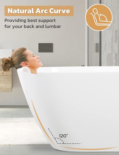 55" Sleek White Acrylic Freestanding Bathtub, Soaking Tub with Brushed Chrome Overflow and Drain