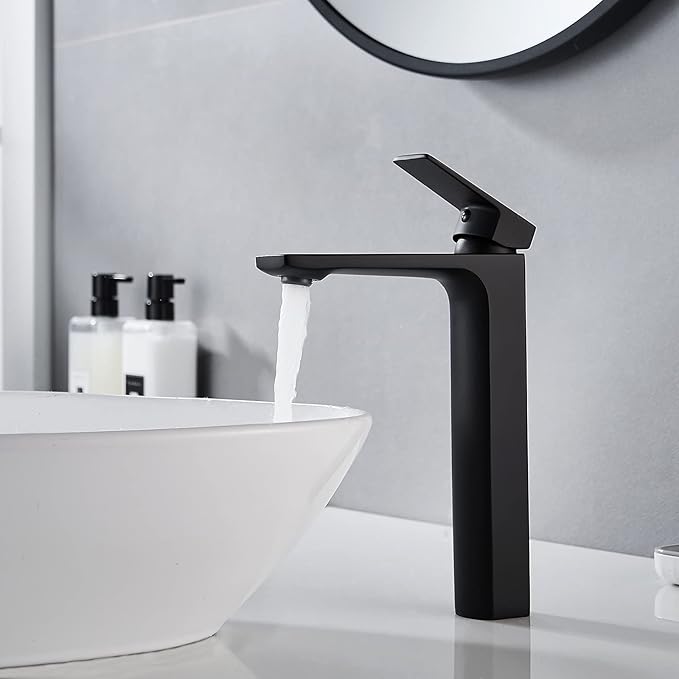 VOTON Black Vessel Sink Single Hole Tall Bathroom Faucet, RV Lavatory Vanity Basin Mixer, Solid Brass 1.2 GPM