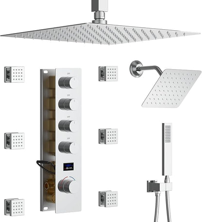 Full Body Shower System Chrome Tempreature Display Shower Faucet Set with 12 inch Ceiling Mount and 8 inch Wall Mount Shower Head, with Handheld Spray and 6 PCS Body Jet