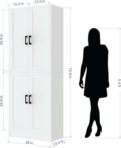 71" Tall Kitchen Pantry Cabinet, Freestanding Food Storage Organizer with Doors & Adjustable Shelves, Large Utility Hutch Cupboard for Dining Room, Living Room, Bathroom & Home Office, White