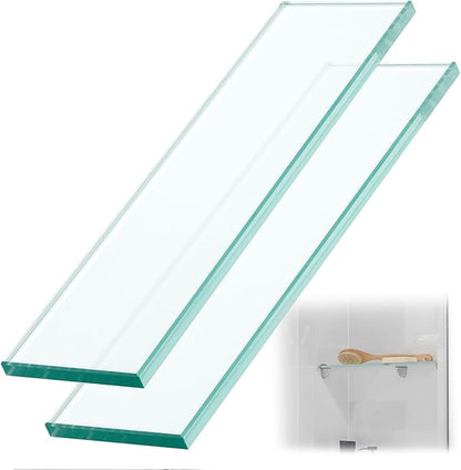 2 Pcs 13-5/8" X 4-1/4" X 3/8'' Thick Tempered Glass Shelf Clear Flat Polished, Flush-Mounted Floating Shelf for Bathroom Essentials & Shower Niche No Mounting Hardware Required