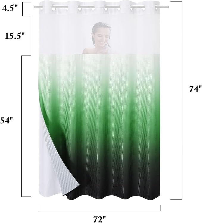 Gibelle No Hook Waffle Weave Shower Curtain with Snap-in Fabric Liner Set for Bathroom, Hotel Style with Mesh Top Window, Waterproof & Washable, Ombre Emerald Green, 72x74