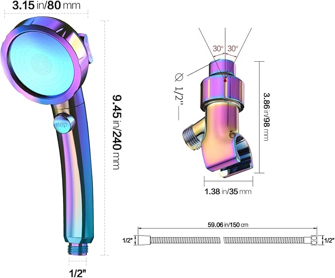 KAIYING High Pressure Handheld Shower Head with ON/OFF Switch, 3 Spray Modes, Adjustable Angle Bracket, Radiant Rainbow