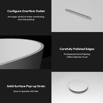SJ STAR&JANE 55" Solid Surface Freestanding Bathtub, Stone Resin Oval Soaking Tub Matte White Stand Alone Tub with Overflow and Pop-up Drain for Bathroom