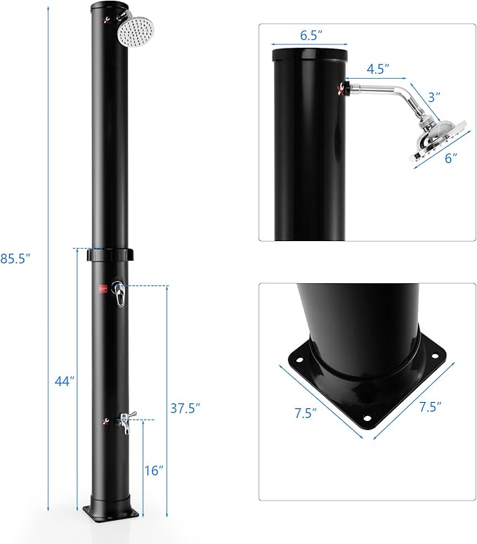 Giantex 7.2 FT 10 Gallon 2-Section Solar-Heated Outdoor Shower, Pool Shower W/Free-Rotating Shower Head, Foot Tap Spigot, Faucet, Temperature and Pressure Adjustment for Backyard, Garden, Beach Spa