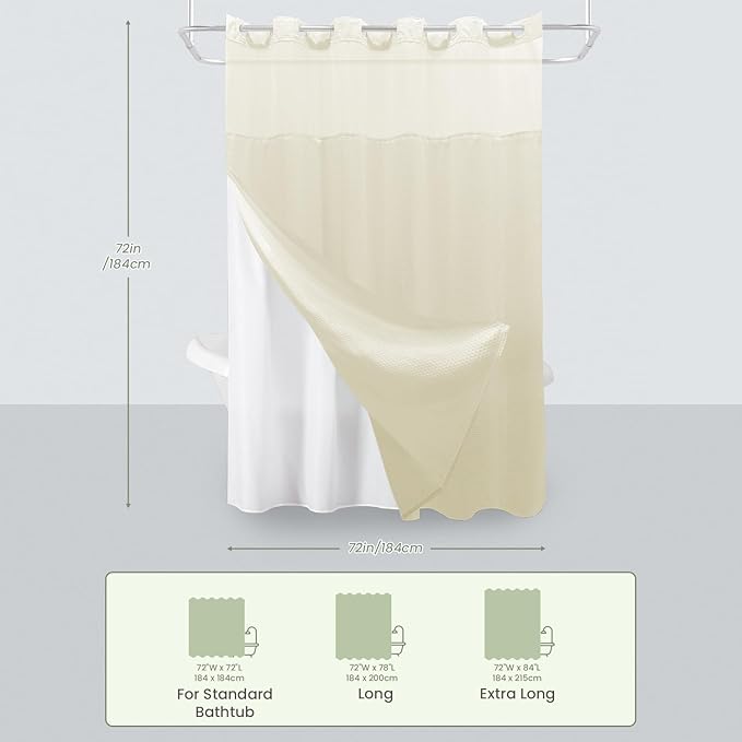 Inhousolu No Hook Shower Curtain with Snap in Fabric Liner Set Waffle Weave 230GSM Weighted Hem, Waterproof & Washable Bathroom Curtain Spa Luxury with Mesh Top Window 72" W x 72" L Ivory