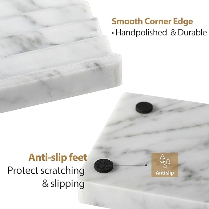 2PCS Koville Italian Natural Marble Soap Dish for Shower, Stone Soap Tray for Bathroom, Bar Soap Holder for Sink, Stripe Grooves Saver Keep Bars Dry Easy Clean (Bianco Carrara)