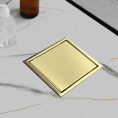 morefine Gold Shower Floor Drain 6 inch with Flange, Square Shower Drain with 2 in 1 Tile-Insert Cover, SUS 304 Stainless Steel, Brushed Gold