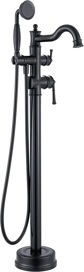 Freestanding Floor Mount Tub Filler with Handheld Shower Roman Bathtub Faucet by Matte Black Finish, Swivel Spout with Brass Rough-in and Water Hose