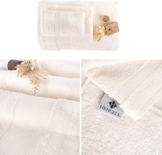 Hencely 6-Piece Bath Towel Set - High Absorbency, Quick Drying - 100% Soft Turkish Cotton - 2 Bath Towels, 2 Hand Towels, 2 Washcloths - for Bathroom, Home, Hotel, Spa, and Gym - 6-Pack Ivory