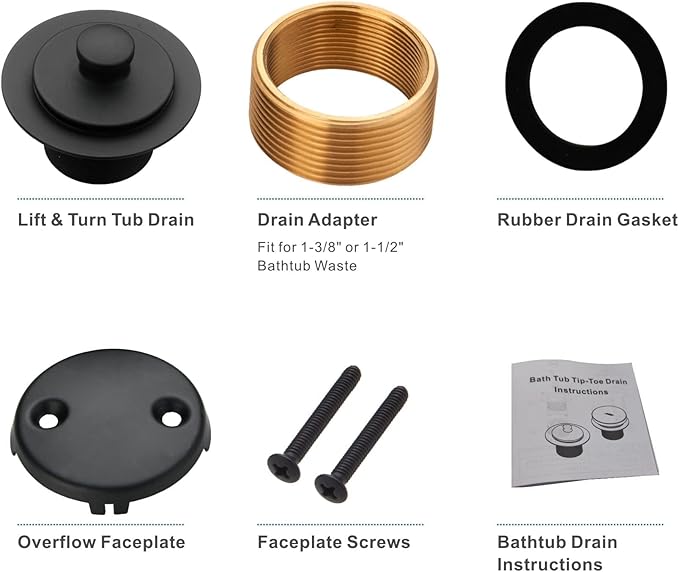 Black tub Drain Lift &Turn Tub Trim Set with Two-Hole Overflow Faceplate Conversion Kit Assembly, Hidrop Bathtub Drain Replacement Trim Kit and Universal Fine/Coarse Thread, Matte Black