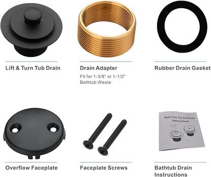 Black tub Drain Lift &Turn Tub Trim Set with Two-Hole Overflow Faceplate Conversion Kit Assembly, Hidrop Bathtub Drain Replacement Trim Kit and Universal Fine/Coarse Thread, Matte Black