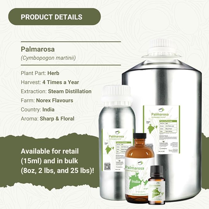 Palmarosa Essential Oil Direct from Norex Flavours India for Skin and Aromatherapy - Aceite de Palmarosa for Candle Scent for Candlemaking and Soaps (15ml)