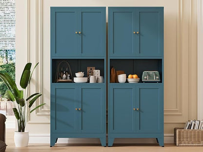 Metal Pantry Cabinet, Tall Kitchen Cabinet with 4 Doors & Adjustable Shelves,69" Blue Freestanding Storage Cabinets with Microwave Stand Cupboard for Living Room,Dining Room,Home