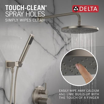 Delta Modern 14 Series Round Rain Shower System Faucet Set, Rainfall Brushed Nickel Shower Head and Handle Set, Valve Trim Kit, 10 Inch, Spotshield Stainless 342702-SP