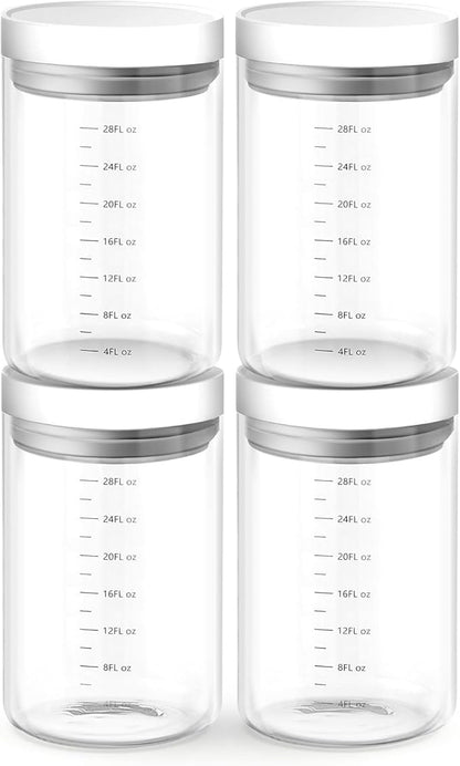 Danbark Set of 4 30oz Airtight Glass Storage Canisters with Lids - Pantry Organizers and Storage Glass for Kitchen - for Pantry, Flour, Sugar, Coffee, Tea, Pasta, Rice, and Snacks - White