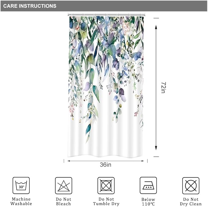 Riyidecor Small Stall Teal Eucalyptus Shower Curtain for Bathroom Decor 36Wx72H Green Leaves Plant Watercolor Floral Rustic Botanical Spring Art Printed Fabric Polyester Waterproof 7 Pack Plastic