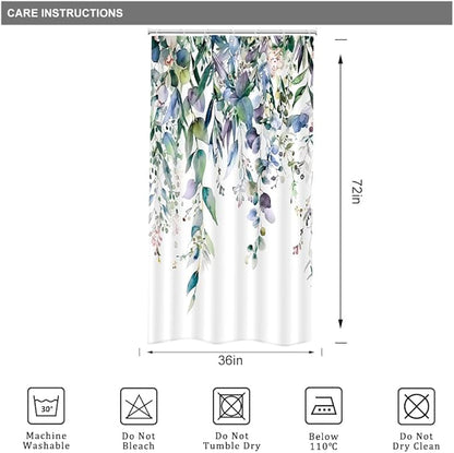 Riyidecor Small Stall Teal Eucalyptus Shower Curtain for Bathroom Decor 36Wx72H Green Leaves Plant Watercolor Floral Rustic Botanical Spring Art Printed Fabric Polyester Waterproof 7 Pack Plastic