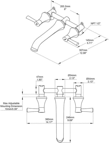 Wall Mount Tub Filler Brass Tub Faucet Oil Rubbed Bronze Bathroom Bathtub Faucets with 2 Handles