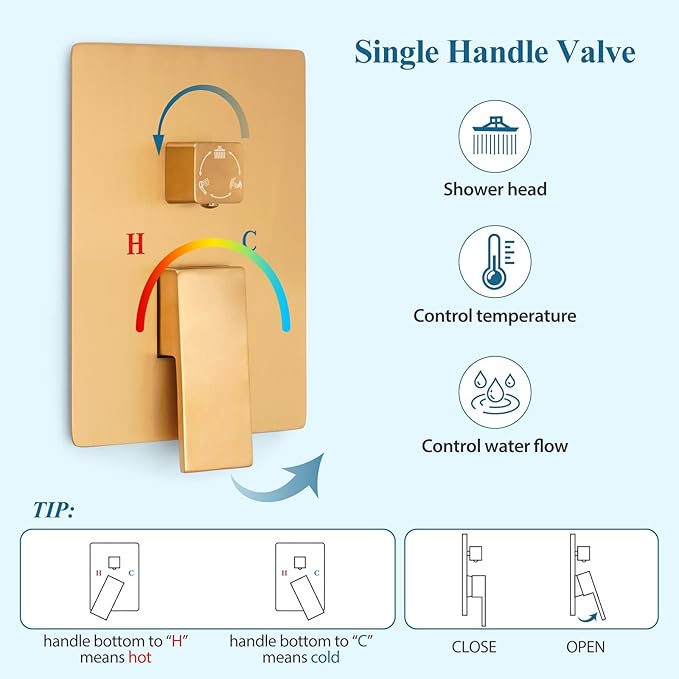 12 inch Square Shower Head and Handheld Set, Gasecoet Shower System with Tub Spout Wall Mounted Shower Faucet for Bathroom - Brushed Gold (With Shower Valve)