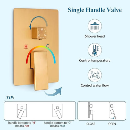 12 inch Square Shower Head and Handheld Set, Gasecoet Shower System with Tub Spout Wall Mounted Shower Faucet for Bathroom - Brushed Gold (With Shower Valve)