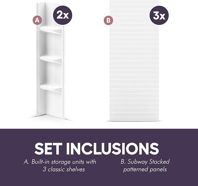 White Polystyrene Tub Wall Surround 32"x 60"x 58" - Waterproof, Easy-to-Install, Two Shelf Units Kit Included - Bathtub Wall Surround Panels - Subway Tiles Pattern, Classic Shelves
