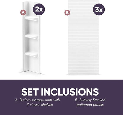White Polystyrene Tub Wall Surround 32"x 60"x 58" - Waterproof, Easy-to-Install, Two Shelf Units Kit Included - Bathtub Wall Surround Panels - Subway Tiles Pattern, Classic Shelves