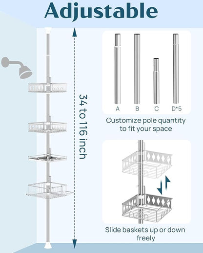 SElRIONE Corner Shower Caddy Tension Pole, Quick Setup, Rust-Free Bathroom Shower Organizer Corner for Bathtub Shampoo Storage, 4-Tier Adjustable Shelf, Drill Free, Fits 34 to 116 Inch Height