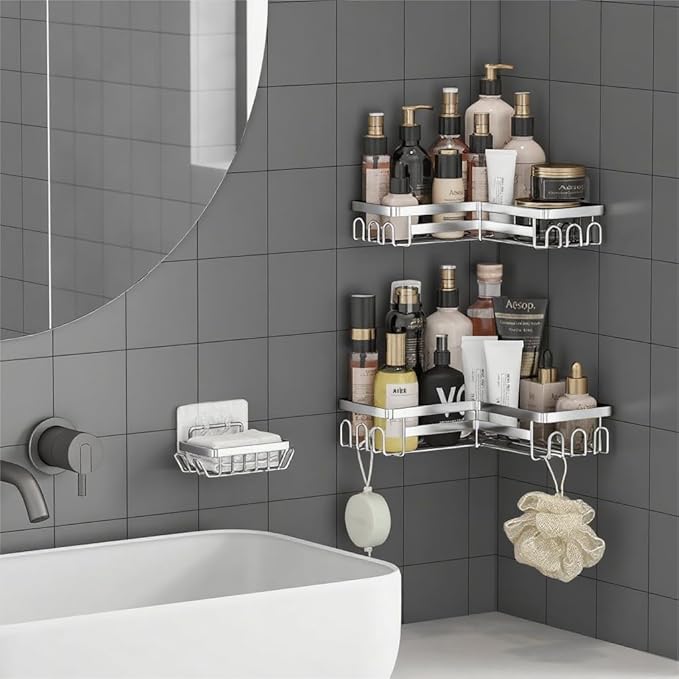 3 Pack Adhesive Corner Shower Caddy Shelf Organizer Rack, No Drilling Stainless Steel Shower Storage Rack with Hooks for Bathroom Storage & Home Decor