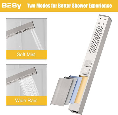 BESy Tub Filler Freestanding Bathtub Faucet Brushed Nickel Floor Mount Tub Faucet Waterfall Free Standing Bathtub Filler High Flow Brass Bath Shower Faucets with Handheld Sprayer