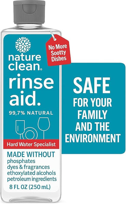 Nature Clean All Natural Dishwasher Rinse Aid Cleaner, Liquid Dishwasher Rinse Agent for Spot-Free Glass & Cutlery in Hard Water, Non Toxic Dish Washer Rinse Aid & Stain Remover, 8 oz/250ml, Pack of 3