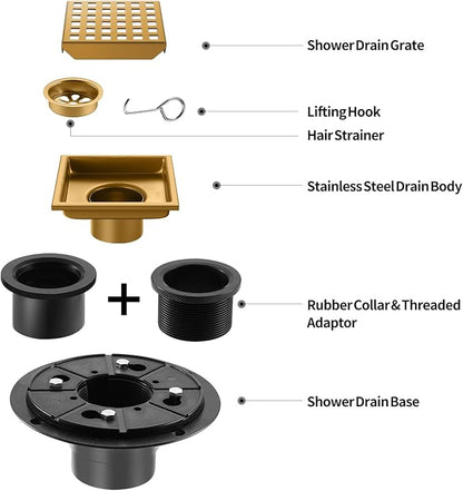 Shower Drain, Brushed Gold 4 inch Shower Floor Square Drain with Flange, Removeable Grid Panel SUS 304 Stainless Steel Square Shower Drain