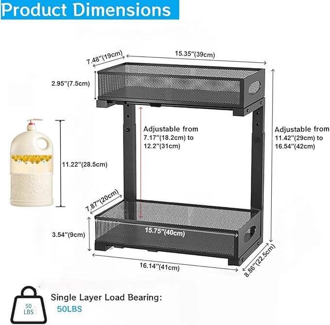 Under Sink Organizer, 2-Tier Pull Out Cabinet Organizer with Adjustable Height, Use in Kitchen Bathroom Cabinet and Countertop Storage, Black, 2-Pack