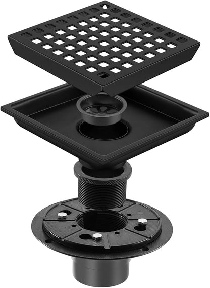 Shower Drain, Matte Black 6 inch Square Shower Floor Drain with Flange, Removeable Grid Panel SUS 304 Stainless Steel Square Shower Drain
