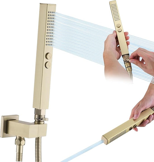 All-Metal High Pressure Square Handheld Shower Head with Jet Spray and Rainfall Modes, Volume Control Regulator, ON/OFF Switch, Hose and Wall Mounted Adjustable Bracket, Brushed Gold Color