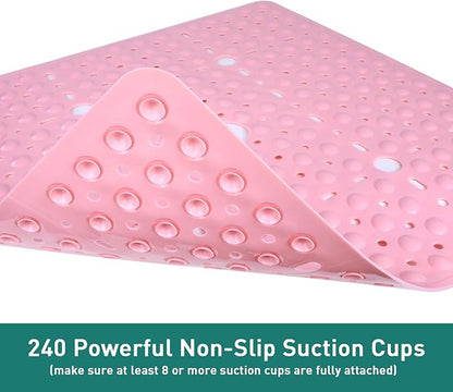 Large Pink Square Shower Mat Non Slip 27 x 27 Inch, Soft Bath Mat Bathtub Mat for Inside Shower Floor, Anti Slip Shower Stall Mats with Big Suction Cups Drain Hole, Easy Washable, BPA-Free