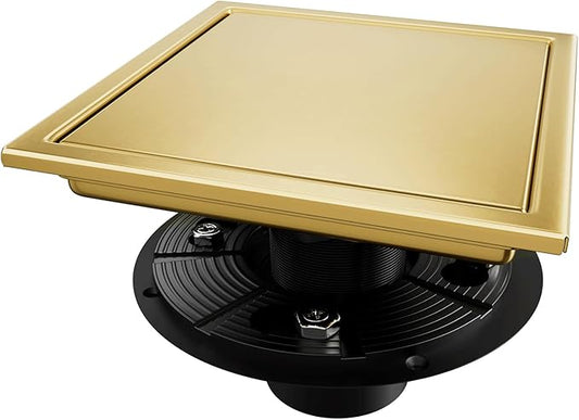 Square Shower Drain, Gold Shower Drain 6 inch with Flange and 2 in 1 Tile-Insert Cover, AISI 304 Stainless Steel Gold Shower Floor Drain with Hair Catcher and Flange
