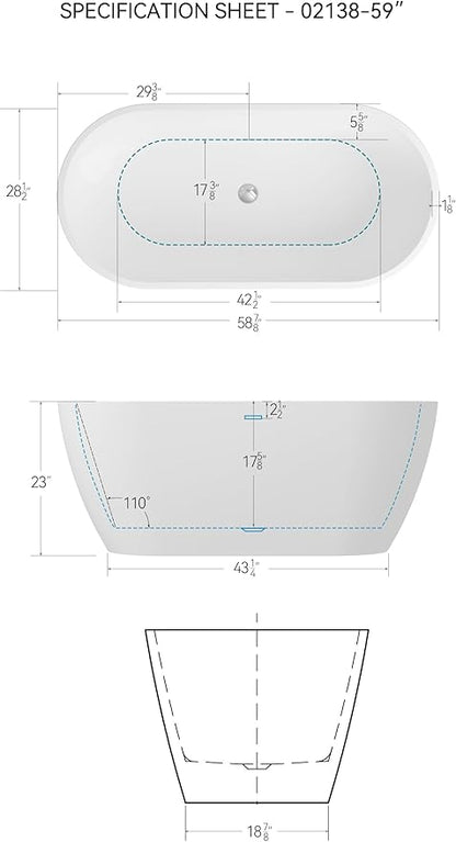 FerdY 59" Bali Elite Acrylic Freestanding Bathtub, Gracefully Shaped Freestanding Soaking Bathtub, Toe-Tap Chrome Drain and Minimalist Linear Design Overflow Included, cUPC Certified