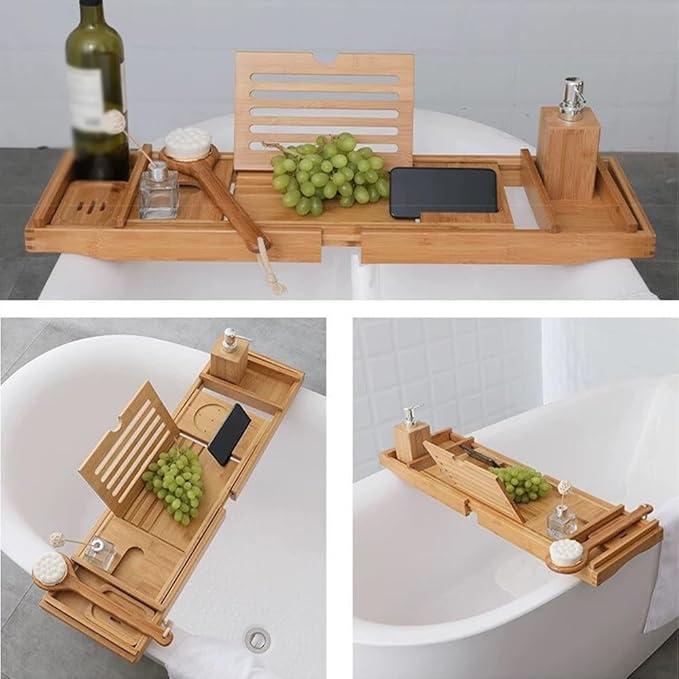 Expandable Bath Tray, Wooden Bathtub Tray Caddy with Solid Wood Bookend, Phone Card Slot, Movable Bamboo Tray